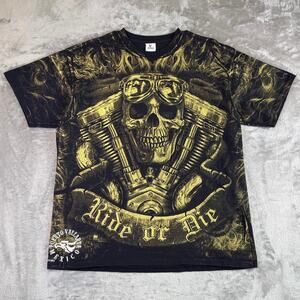 Y2K Puerto Vallarta Mexico Mens XL Black Gold Skull All Over Print Graphic Shirt